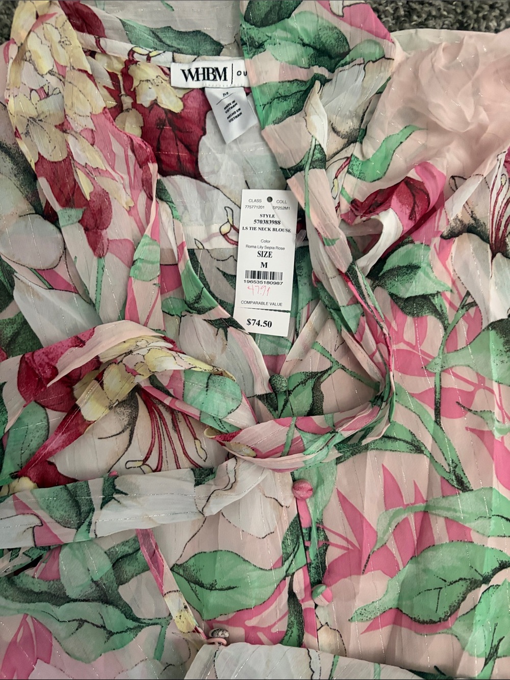White House Black Market Pink Floral Tie-Neck Blouse - Picture 5 of 6